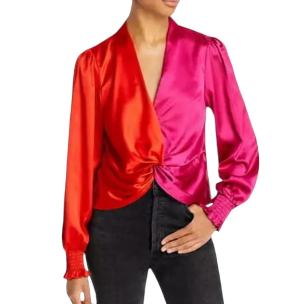 Aqua Two-Tone Satin Twist Front Blouse in Red and Hot Pink